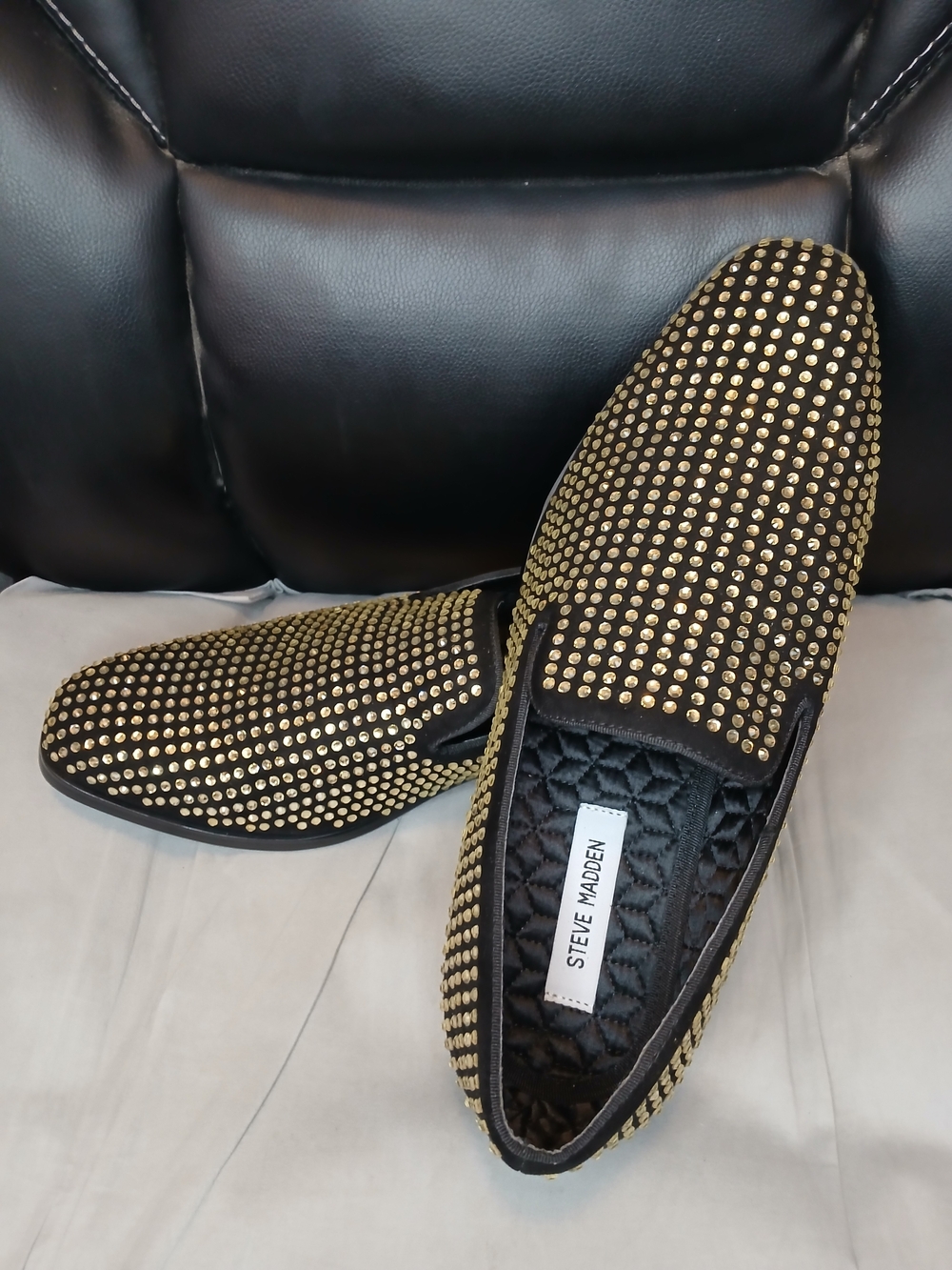 Steve Madden Men’s Black Slip-On Loafers with Gold Studs